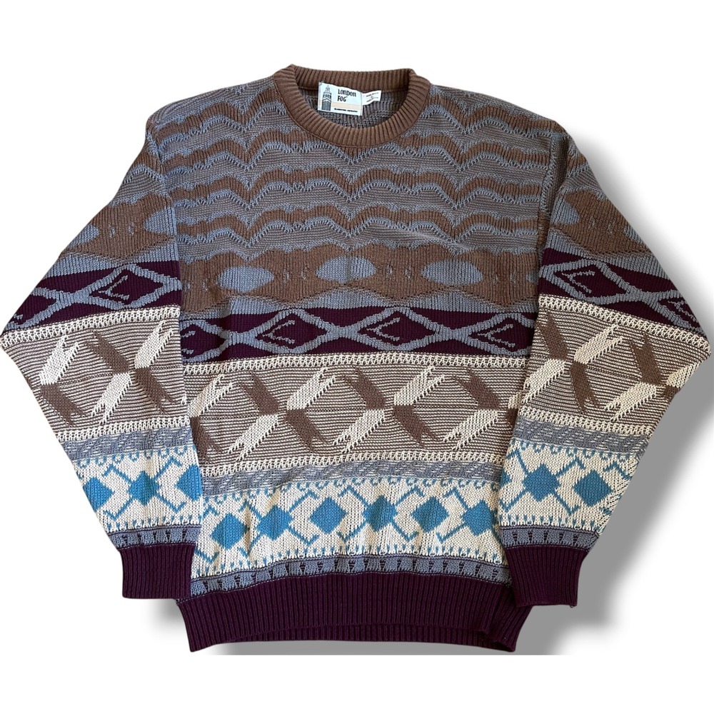London Fog Vintage 3D Knit Sweater Mens Large Multicolor Geometric Cotton USA
